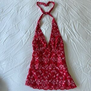 Red Floral Lace Halter Top - Sheer Plunge Babydoll - Romantic & Elegant - Small